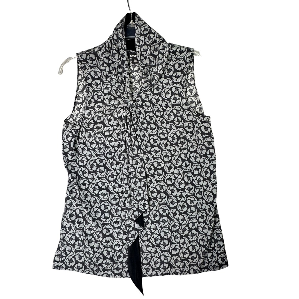 DKNY Silk Blend Floral Rose Cowl Neck Tie Front Blouse Size 6 Gray Black Office